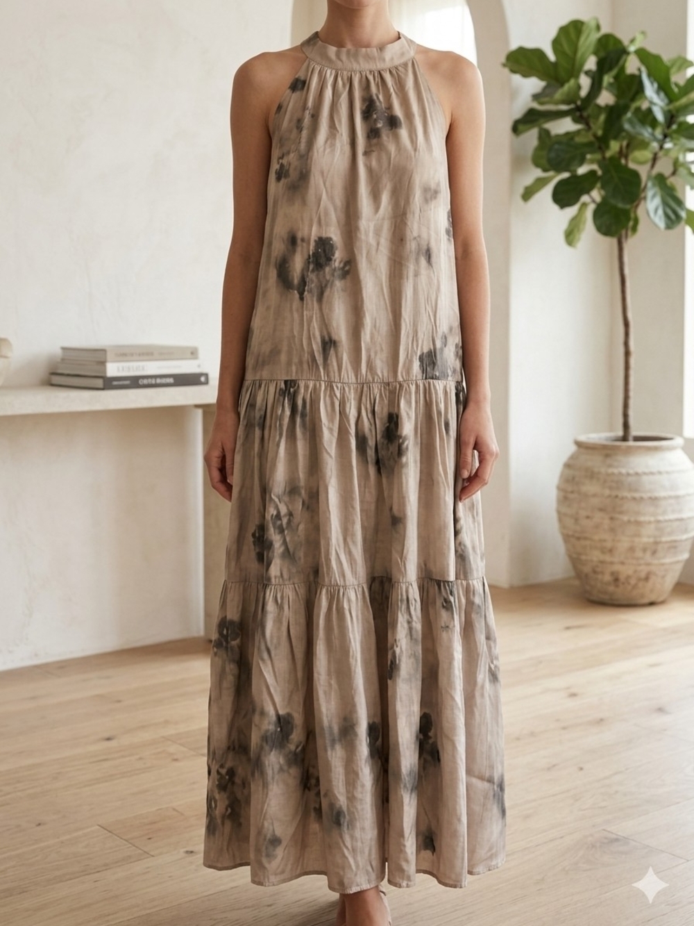 Sleeveless Taupe Tie-Dye Tiered Maxi Dress